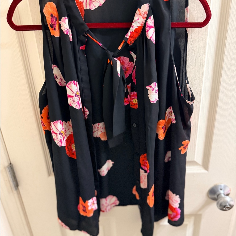 Worthington Black Blouse with Pink and Orange Floral Design